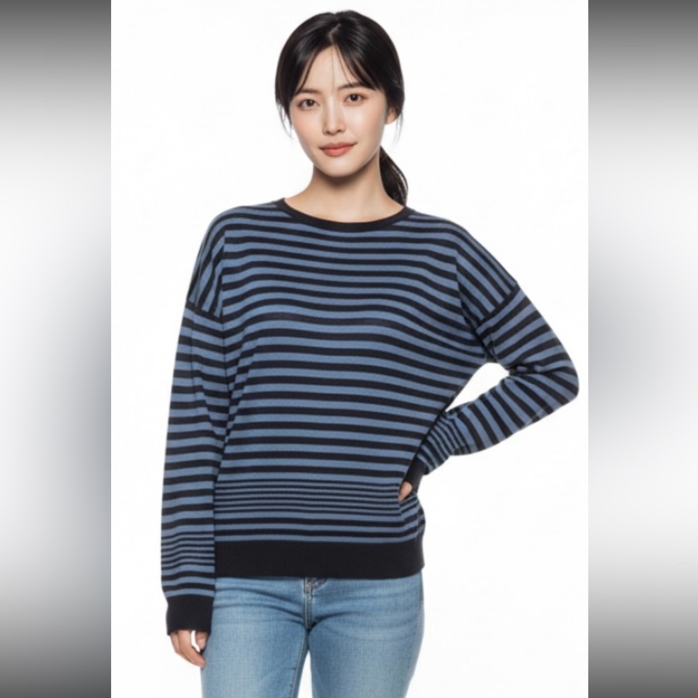 VINCE Sweater Pullover Silk Cashmere Navy Blue Striped Long Sleeve
